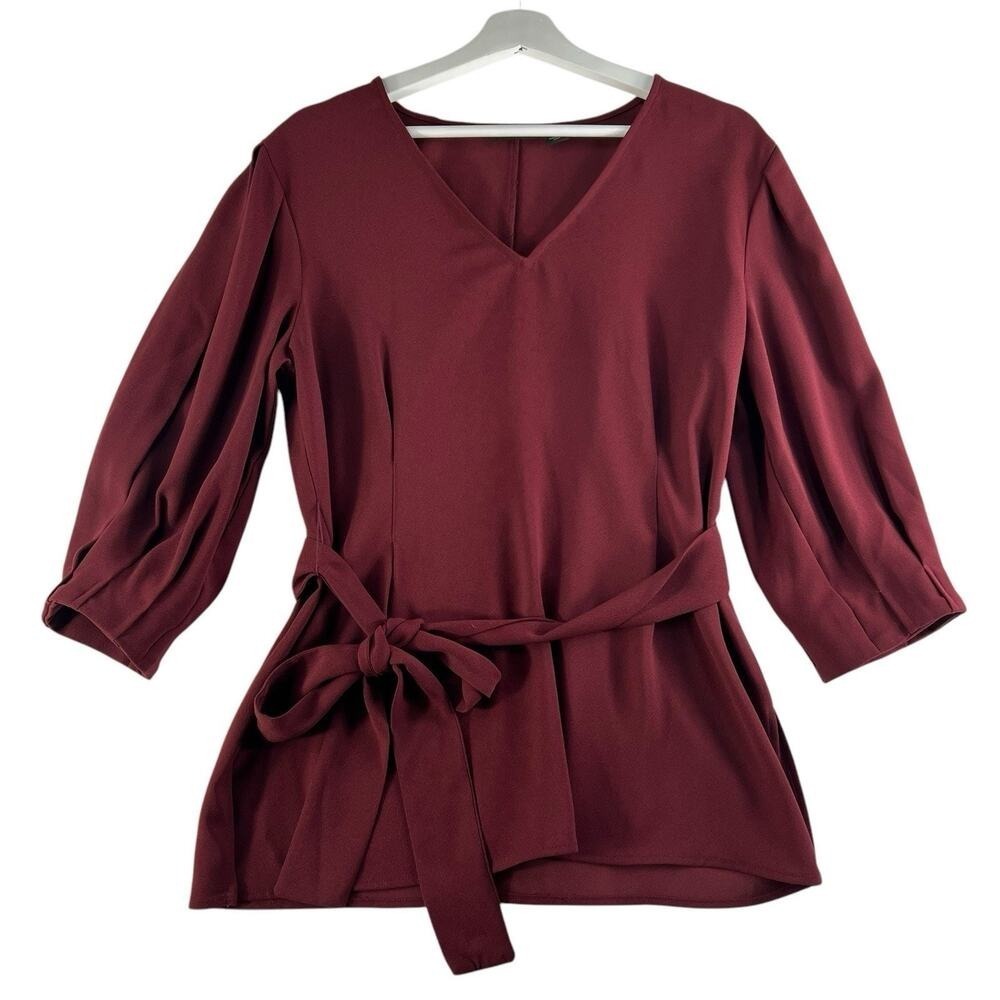 Halogen Medium M Tie‎ Waist Top Burgundy Flowy Crepe Blouse Billowing 3/4 Sleeve